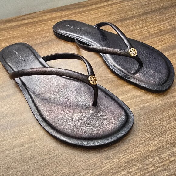 Tory Burch Chelsea Leather Thong Flat Sandals Flip Flop Safari Crystal Black 8 - Picture 3 of 8